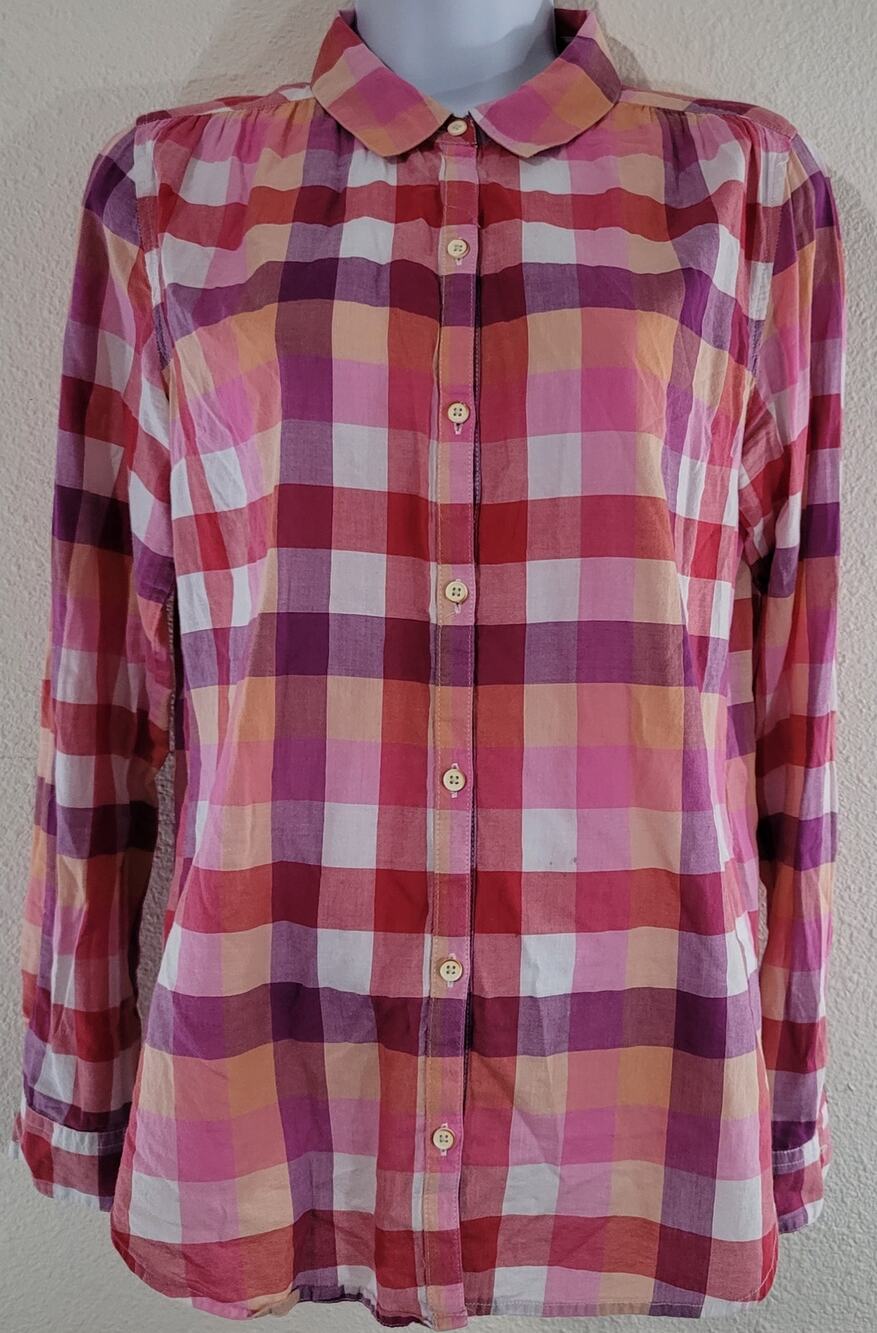 Isabella Sinclair Anthropologie Pink Purple Plaid Button Up Top S Waffle Knit